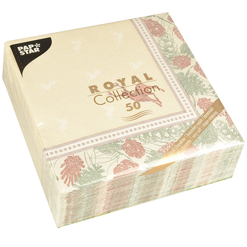 Die PAPSTAR GmbH 50 Servietten "ROYAL Collection" 1/4-Falz 40 x 40 cm zeigen ein grünes und rotes Blumenmuster auf Creme, verpackt in Kunststoff.