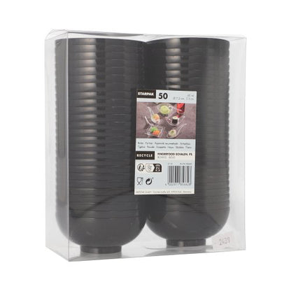 The clear packaging contains 50 black PAPSTAR PS finger food bowls from PAPSTAR GmbH, stacked in two rows with front label and recycling symbols - ideal for parties and events.