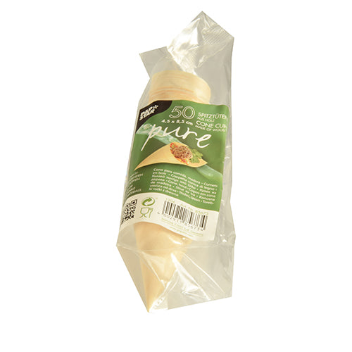 Eine transparente Verpackung mit 50 Fingerfood-Spitztüten der PAPSTAR GmbH aus reinem Holz, mit grünem Etikett mit Produktinformationen und Bildern – perfekt zum Servieren von Fingerfood bei jeder Veranstaltung.