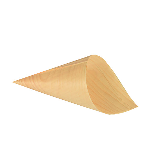Eine einzelne helle PAPSTAR 50 Fingerfood Spitztüte, Holz „pure“ der PAPSTAR GmbH ist auf schlichtem weißem Hintergrund abgebildet.