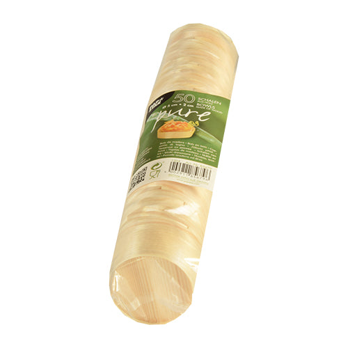 Eine Packung mit 50 PAPSTAR Fingerfood-Schalen „pure“ rund aus Holz von PAPSTAR GmbH, umweltfreundlich und elegant, mit grünem Etikett inkl. Produktinfos und Food-Motiv – ideal zum stilvollen Servieren.