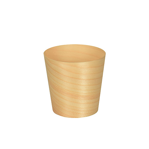 Die 50 Fingerfood-Schalen, Holz "pure" rund der PAPSTAR GmbH sind kleine, leichte Holzbecher mit natürlicher Maserung und glatten Rändern – perfekt zum umweltfreundlichen Servieren. Abgebildet auf schlichtem weißem Hintergrund.