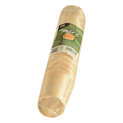 Die PAPSTAR GmbH 50 Fingerfood-Schalen „pure“ rund aus Holz kommen plastikverpackt, naturfarben und mit grünem Etikett inklusive Barcode – umweltfreundlich, elegant und ideal für Fingerfood.
