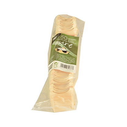 A transparent plastic packaging contains 50 round PAPSTAR "pure" wood finger food bowls. The green label contains product information, a barcode, and emphasizes the environmentally friendly design of PAPSTAR GmbH.
