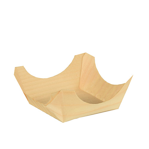 Die PAPSTAR 50 Fingerfood-Schalen Holz „pure“ rund der PAPSTAR GmbH sind kleine, leichte Tabletts mit vier spitzen Ecken und flachem Boden, die auf schlichtem weißem Untergrund eine elegante Optik aufweisen.
