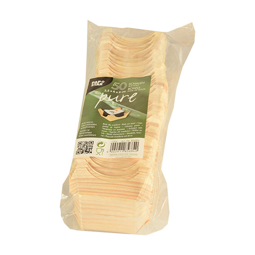 Eine transparente Kunststoffverpackung der PAPSTAR GmbH enthält 50 runde Fingerfoodschalen aus Holz der Marke „pure“, versehen mit einem grün-weißen Etikett mit Produktdetails und Barcode. Die Schalen sind elegant und umweltfreundlich.