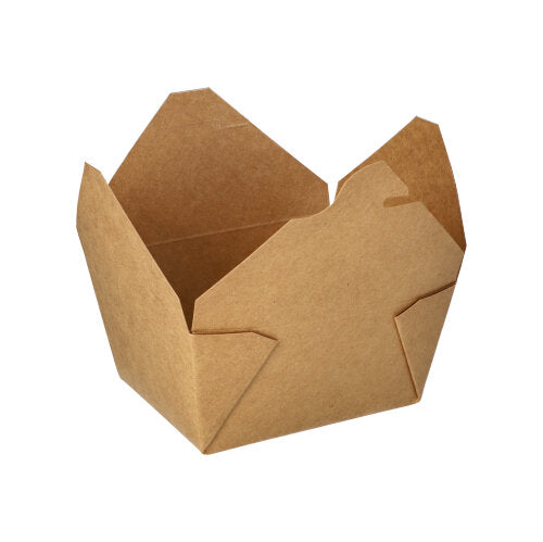 Eine geöffnete, braune PAPSTAR 50 Lunchboxen aus Pappe „pure“ von PAPSTAR GmbH steht auf weißem Hintergrund.
