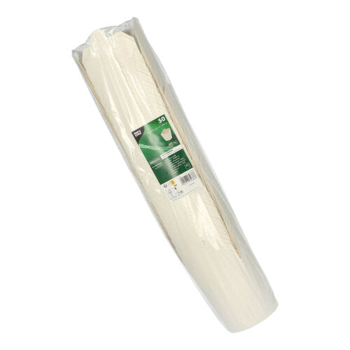 Eine Packung mit 50 weißen Pastaboxen aus Karton der PAPSTAR GmbH ist ideal für die Gastronomie und den Lebensmitteltransport, verpackt in durchsichtigem Kunststoff mit einem grün-weißen Etikett mit Produktdetails.