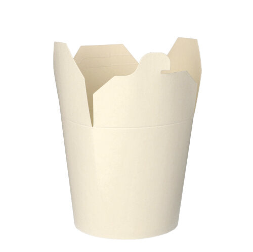 Die 50 Pastaboxen, Pappe weiss der PAPSTAR GmbH sind schlichte weiße Take-away-Behälter aus Papier mit teilweise geöffneten Klappen, ideal für den Transport von Speisen in der Gastronomie, präsentiert vor weißem Hintergrund.