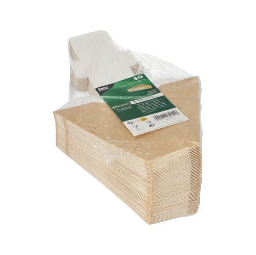 Ein Stapel PAPSTAR 50 Sandwichboxen aus braunem Karton mit PLA-Fenster, teilweise in durchsichtige Folie eingewickelt und mit einem grün-weißen Etikett auf der Oberseite zeigt, dass es sich um eine Packung mit 50 Boxen (12,3 x 12,3 x 5,2 cm) der PAPSTAR GmbH handelt.