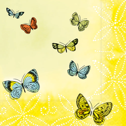 Seven colorful butterflies flutter in front of a yellow background with a white polka dot floral pattern - ideal for PAPSTAR 20 napkins, 33 cm x 33 cm, 3-ply, 1/4-fold design set 2 from PAPSTAR GmbH.