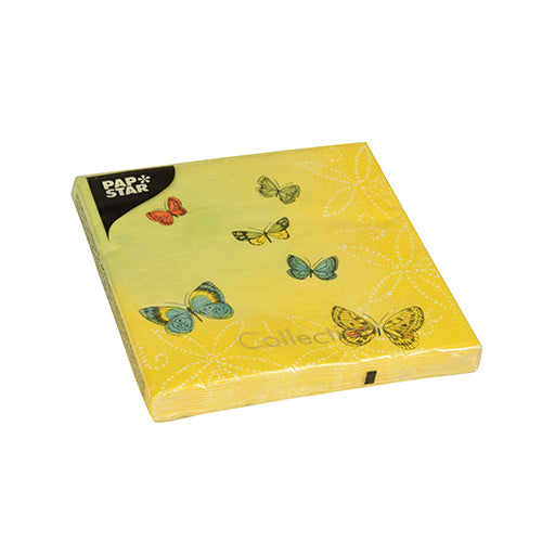 A yellow pack of PAPSTAR 20 napkins (33x33 cm, 3-ply, 1/4-fold) from PAPSTAR GmbH features colorful butterflies on the napkins and a black label with the brand name in the upper left corner.