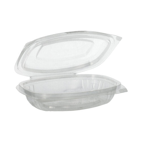Die PAPSTAR 50 Feinkost- und Salatschalen mit Klappdeckeln, PLA „pure“ glasklar von PAPSTAR GmbH ist ein transparenter, rechteckiger Kunststoffbehälter aus kompostierbarem PLA – ideal für eine umweltfreundliche Verpackung.