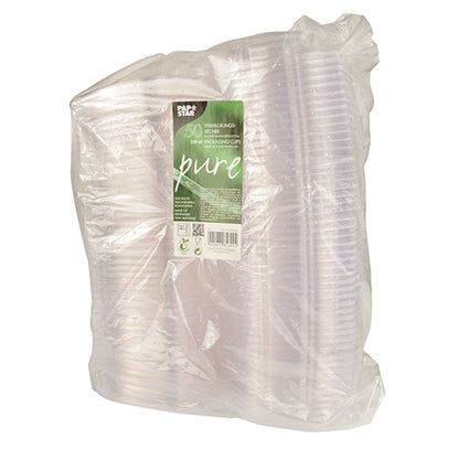 A transparent plastic bag contains 50 PAPSTAR delicatessen and salad bowls with hinged lids, PLA "pure" crystal clear from PAPSTAR GmbH. The green-white label shows product details, recycling information, and points out the compostable PLA material.