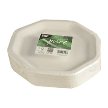 A stack of 50 white, octagonal PAPSTAR plates "pure" (23.5 cm), shrink-wrapped with a green-white label, are compostable, eco-friendly, and perfect for parties. Brand: PAPSTAR GmbH.