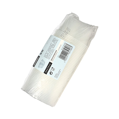 Eine transparente Kunststoffpackung mit 50 Starpak Dressingbechern (PP, rund, Ø 7,1 cm) verfügt über ein weißes Etikett mit Produktinformationen und Barcode. Ideal für Catering-Services. Weißer Hintergrund.