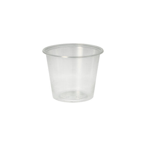Der Starpak 50 Dressingbecher, PP rund Ø 7,1 cm transparent, ist ein kleiner, durchsichtiger Plastikbecher mit leicht ausgestelltem Rand – perfekt für den Catering-Service – abgebildet auf einem schlichten weißen Hintergrund.