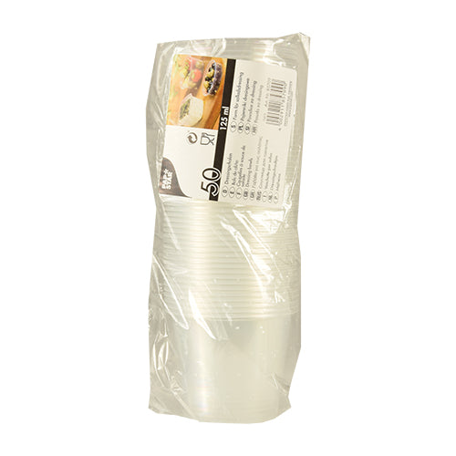 Eine versiegelte Packung enthält 50 transparente Starpak Dressingbecher (PP, rund, Ø 7,1 cm, je 125 ml). Das Etikett zeigt Produktinformationen sowie Abbildungen von Speisen und Getränken.