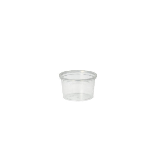 Ein Starpak 50 Portionsbecher, PP rund 30 ml, transparent mit klarem Deckel wird vor einem schlichten weißen Hintergrund angezeigt.