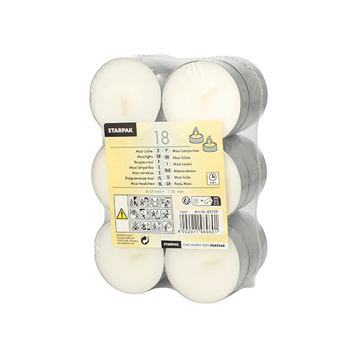 Die Packung Starpak 18 Maxi Lichter (Ø 57 mm, 19 mm, weiß) enthält 18 weiße Teelichter in Aluminiumbechern, folienverpackt, mit einem gelben mehrsprachigen Etikett für Anweisungen und Warnungen – ideal für stimmungsvolle Anlässe.