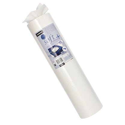 A roll of Starpak table runner, fabric-like fleece 'soft selection plus' (24 m x 40 cm), is delivered in a plastic packaging with a blue label showing product information and an image of the runner on a table.