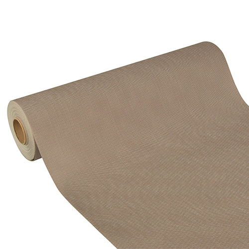 The Starpak table runner 'Soft Selection Plus' made of fabric-like fleece (24 m x 40 cm) in beige is partially unrolled on a white background - perfect for festive occasions.