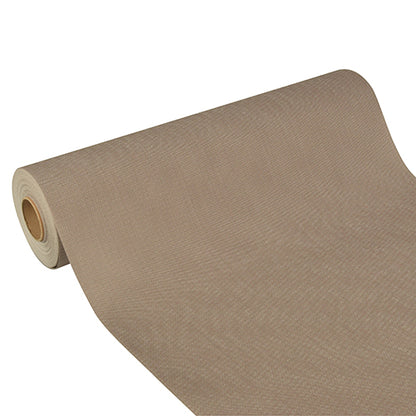 The Starpak table runner 'Soft Selection Plus' made of fabric-like fleece (24 m x 40 cm) in beige is partially unrolled on a white background - perfect for festive occasions.