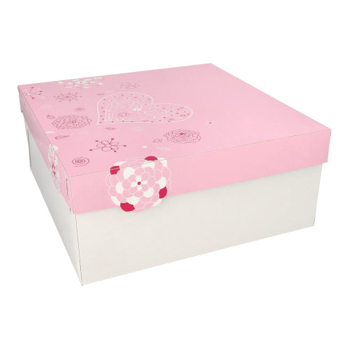 The PAPSTAR square cake boxes (30x30 cm) in white/pink "Lovely Flowers" with floral and heart motifs are perfect for gifting cakes stylishly. Each pack contains 15 boxes from PAPSTAR GmbH.