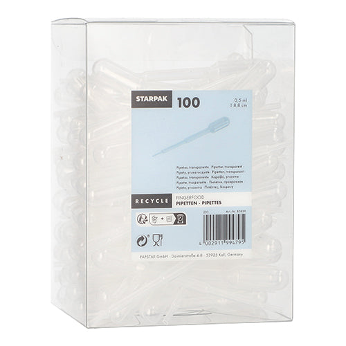 A transparent plastic box labeled "Starpak 100 Pipettes, PE transparent" from Starpak contains 100 pipettes made of transparent polyethylene. The label on the front shows product details, barcodes, as well as symbols for recycling and usage instructions.