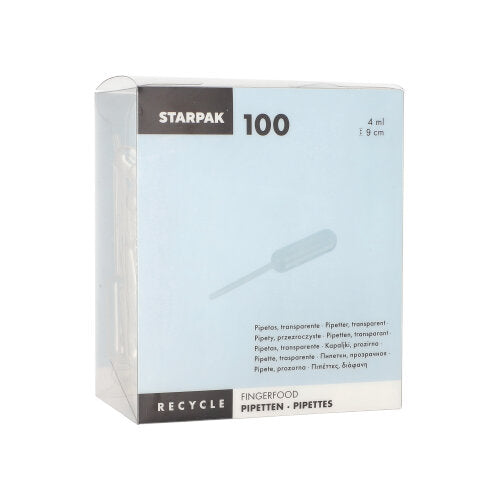 The Starpak 100 Pipettes, PE transparent from Starpak is a clear box with 4 ml polyethylene pipettes for finger food, with recycling instructions and multilingual information on "pipettes" and liquid dosing.