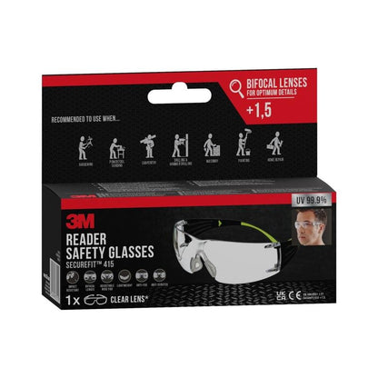 Box with 3M™ SecureFit™ reading safety glasses from 3M Deutschland GmbH, with clear lenses and +1.5 bifocal magnification. The packaging includes application suggestions, a photo of the wearer, and a UV protection label.