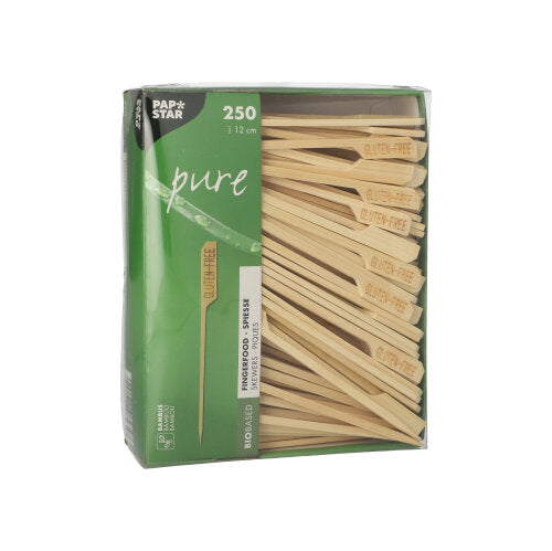 Eine Schachtel mit 250 PAPSTAR GmbH Fingerfood-Spieße "pure" mit grüner, biologisch abbaubarer Verpackung; einige Bambus-Spieße sind mit der Gravur "GLUTEN-FREE" versehen und eignen sich somit ideal für Partys oder Veranstaltungen mit diätetischen Anforderungen.