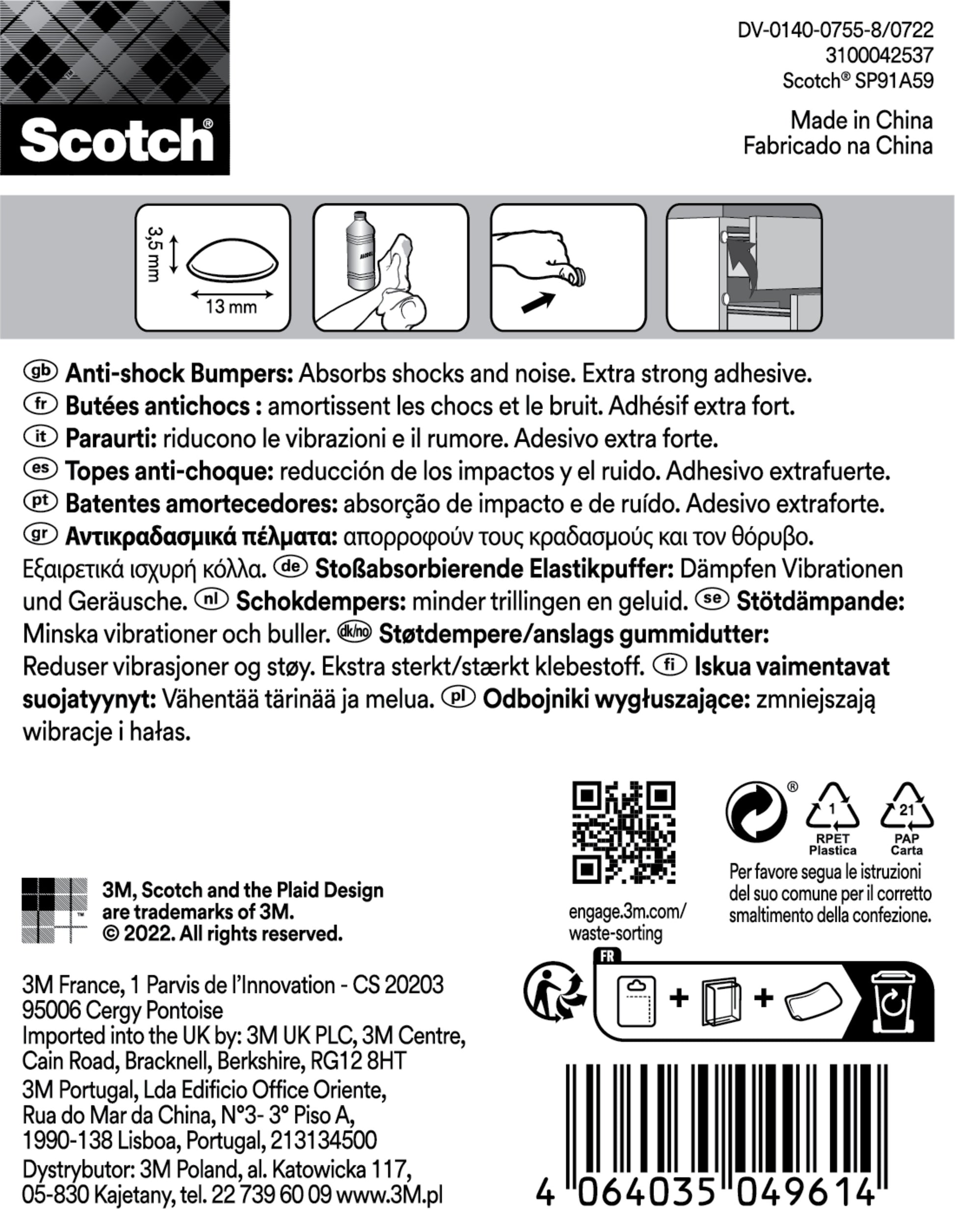Das Etikett für Scotch® Stoßabsorbierende Elastikpuffer, selbsthaftend, transparent von 3M Deutschland GmbH enthält Anwendungshinweise, mehrsprachige Beschreibungen, Sicherheitshinweise, Barcode, Recyclingangaben und Herstellungsdaten in schwarz auf weiß.