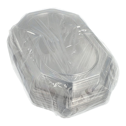 Ein Stapel Starpak 10 Deckel für Servierplatten, hergestellt aus transparentem PET-Kunststoff, ideal zum Frischhalten von Lebensmitteln.