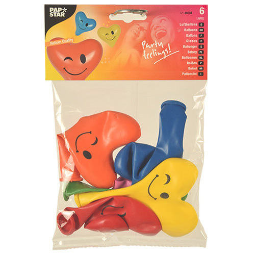 In einem transparenten Beutel der PAPSTAR GmbH befinden sich sechs verschiedene 28 cm große „Herz - Blinky“-Luftballons mit Comic-Gesichtern, perfekt für Partys. Das Set enthält große, bunte Herzballons in den Farben Rot, Gelb, Blau, Grün und Orange.