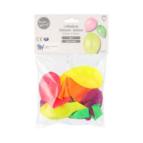 Ein transparenter Plastikbeutel mit 10 bunten PAPSTAR Luftballons (Ø 25 cm) der PAPSTAR GmbH in den Farben Gelb, Orange, Pink, Grün und Lila. Das obere Verpackungsetikett zeigt Ballonbilder und mehrsprachigen Text.