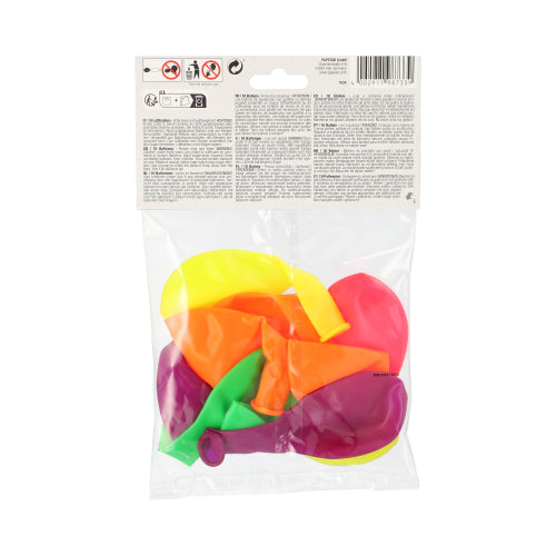 Der transparente Plastikbeutel der PAPSTAR GmbH enthält zehn farblich sortierte Luftballons (Ø 25 cm) in Gelb, Orange, Pink, Lila und Grün. Oben befindet sich das weiße PAPSTAR-Etikett mit Text und Symbolen. Hochwertiges Material für langanhaltenden Spielspaß.