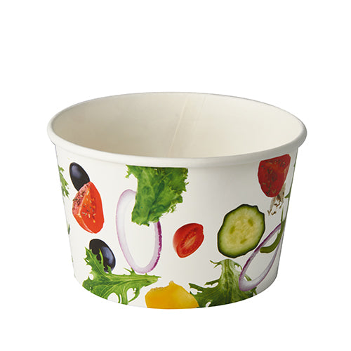 The Starpak 50 salad bowls cardboard "To Go" (600 ml, Ø 12.5 cm x 7.5 cm) are printed on the outside with colorful vegetable motifs. This set contains 50 sturdy cardboard bowls, perfect for salads on the go. The bowl is shown empty on a white background.