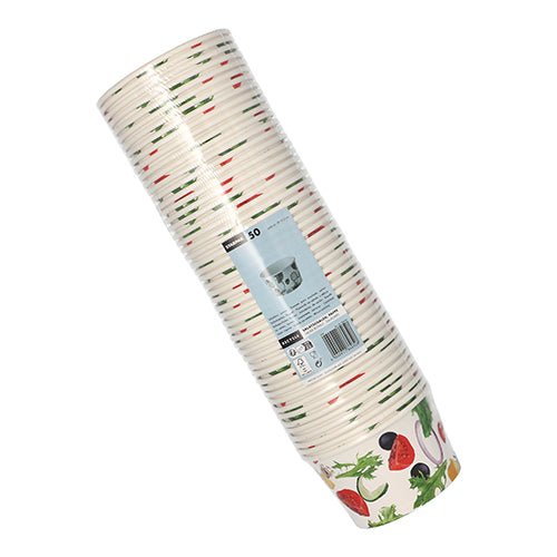 Starpak 50 salad bowls made of cardboard "To Go", 600 ml, Ø12.5 cm, H7.5 cm with vegetable design in clear foil pack - ideal for taking away.