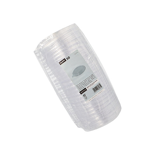 Eine in Klarsichtfolie verpackte Packung mit 50 Starpak-Einweg-PS-Deckeln (Ø 12,5 cm, 2,1 cm, transparent) für Salatschalen „To Go“, ausgestattet mit einem rechteckigen Etikett mit Markeninformationen und Barcode – perfekt für Gerichte zum Mitnehmen.