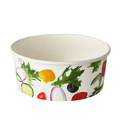 Die Starpak 45 Salatschalen, Pappe "To Go" Ø 15 cm "Salat", sind weiße Papierschalen mit buntem Veggie-Print, ideal als umweltfreundliche Salatschüsseln für frische und nachhaltige Mahlzeiten.