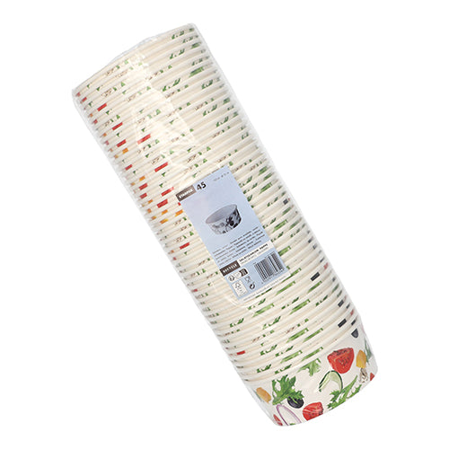 45 umweltfreundliche „To Go“ Salatschalen aus Pappe (Ø 15 cm) von Starpak mit Gemüse-Print, in klarer Plastikverpackung. Ein Produktetikett mit Informationen ist an der Packung angebracht.