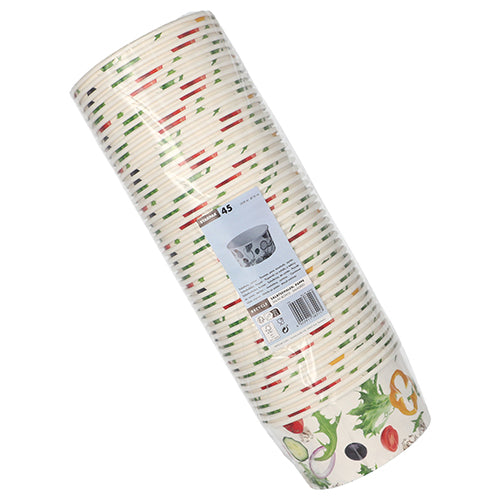 Ein Stapel von 45 Starpak „To Go“-Salatschüsseln aus Karton, 15 cm Durchmesser, mit Gemüse- und Kräutermotiv, in Plastik eingewickelt mit Strichcode, Produktetikett und Gebrauchsinformationen.