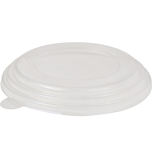 Der Starpak 45 Deckel für Salatschalen, PS "To Go" Ø 15 cm, ist ein transparenter, runder Deckel mit erhöhtem Rand und flacher Mitte – ideal zum Mitnehmen. Hier abgebildet aus transparentem Polystyrol (PS), Packung mit 45 Stück.