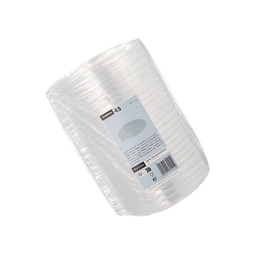 Eine Packung mit 45 transparenten Starpak PS-Deckeln für Salatschüsseln (Ø 15 cm, 2 cm hoch), noch in Folie versiegelt mit Produktinformationen und Barcode – perfekt für den Einsatz zum Mitnehmen.