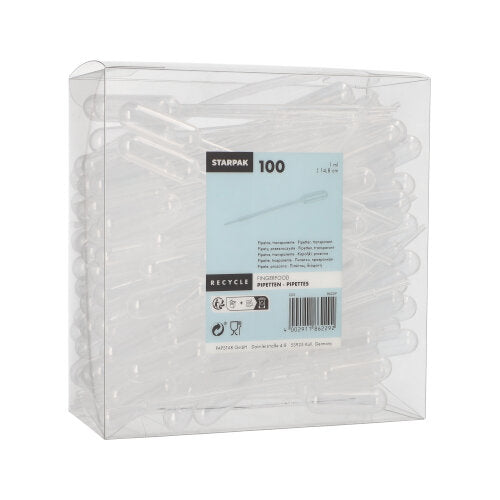 A transparent box with 100 transparent Starpak PE pipettes for precise liquid dosing. The label shows the brand "Starpak," product information, a barcode, and recycling symbols.