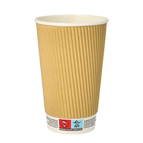 Ein einzelner PAPSTAR 25 Trinkbecher, Pappe „To Go“ Ripple Wall von der PAPSTAR GmbH: Einwegbecher mit gerippter hellbrauner Außenseite, weißer Innenseite und mehrsprachigen Warnsymbolen und Text am Boden.