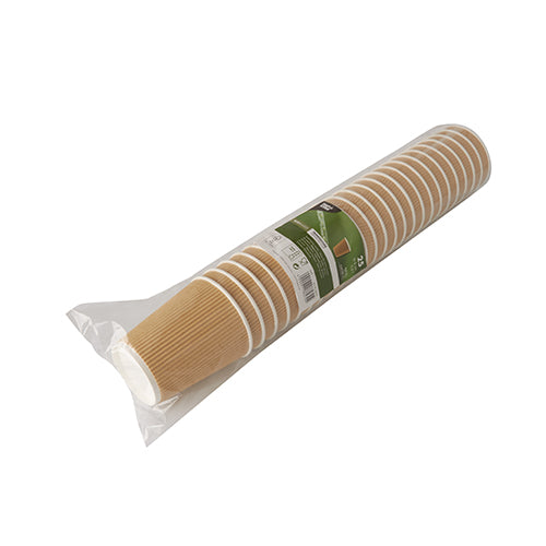 Eine versiegelte Verpackung von 25 PAPSTAR Trinkbechern, Pappe „To Go“ Ripple Wall der PAPSTAR GmbH enthält braune Becher mit weißem Rand und grün-weißem Etikett – ideal als praktische Einweg-Trinkbecher für Zusammenkünfte.