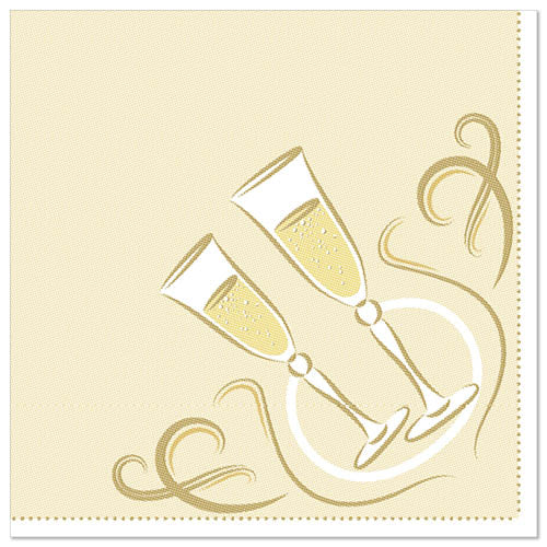 Die PAPSTAR 50 Servietten "ROYAL Collection" 1/4-Falz 40 x 40 cm gold der PAPSTAR GmbH zeigt eine beigefarbene Serviette mit zwei anstoßenden Sektgläsern, Seifenblasen und goldenen Wirbeln in einem kreisförmigen Design.