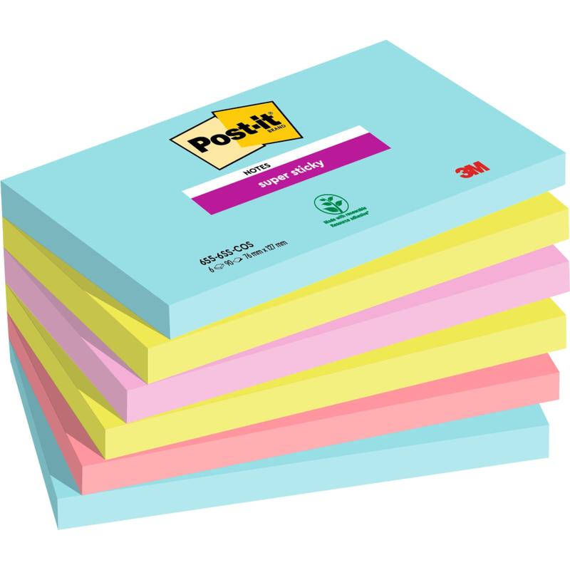 Pictured is a stack of six Post-it® Super Sticky Notes (76 mm x 127 mm, 90 sheets/block, 100% PEFC) from 3M Deutschland GmbH in blue, pink, and yellow colors with visible branding on the top block.